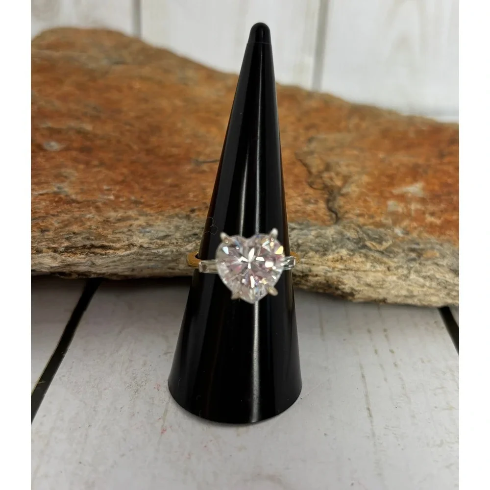 Vintage Heart Cut Cubic Zirconia Gold Silver Statement Ring sz 7 Baguette P167‎